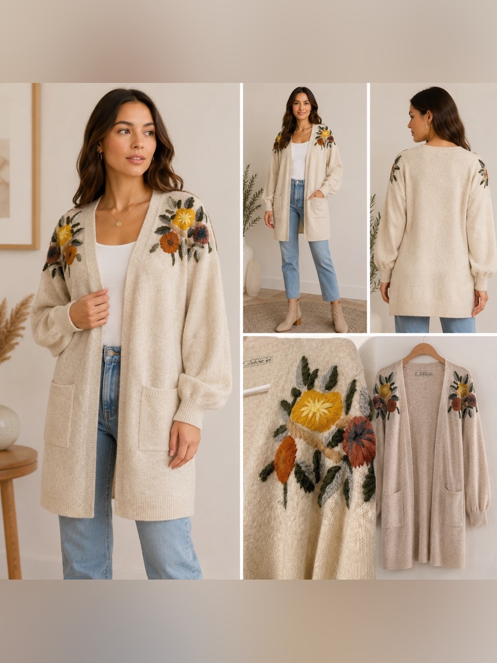 Boundless North Embroidered Floral Balloon Sleeve Open Front Wool Cardigan Small